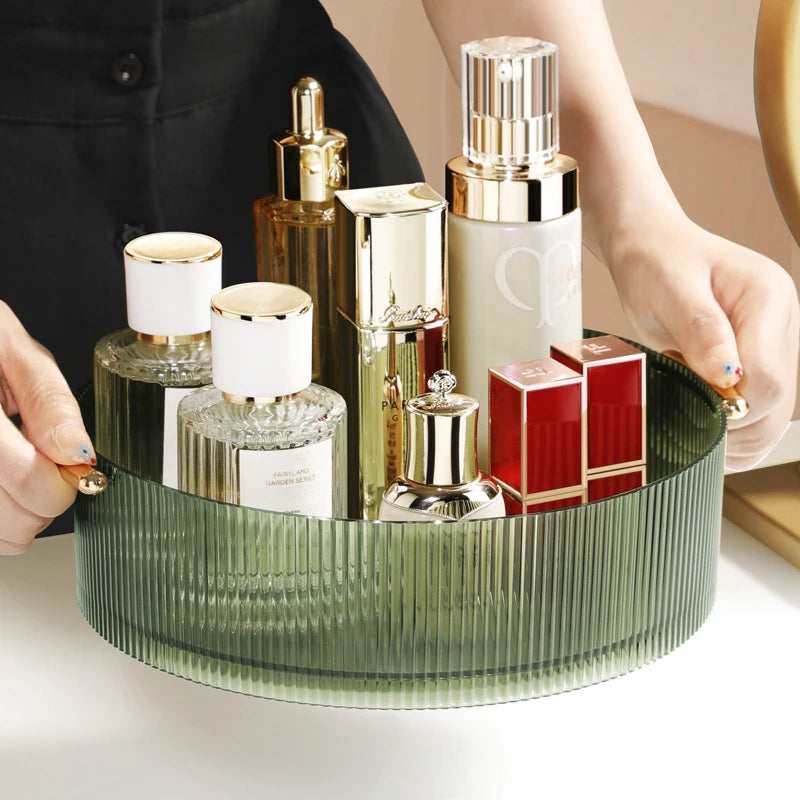 organisateur cosmétiques transparent moderne poignées dorées flacons lotion parfum crème nettoyant sérum baume moussant