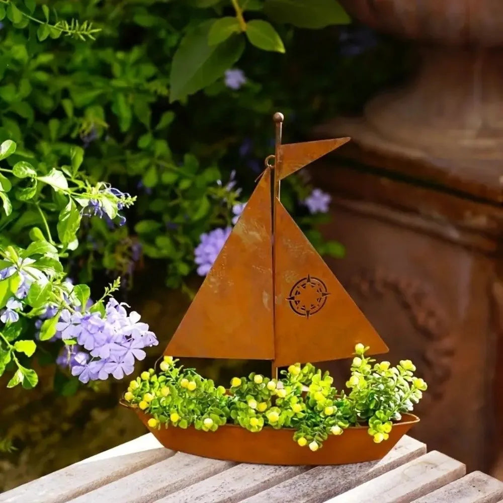 pot fleurs bateau métal vintage marron rustique compas succulentes decoratif