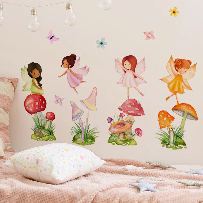 stickers muraux décoratifs fées champignons fleurs papillons aquarelle fantaisie enfantine opaques adhésifs