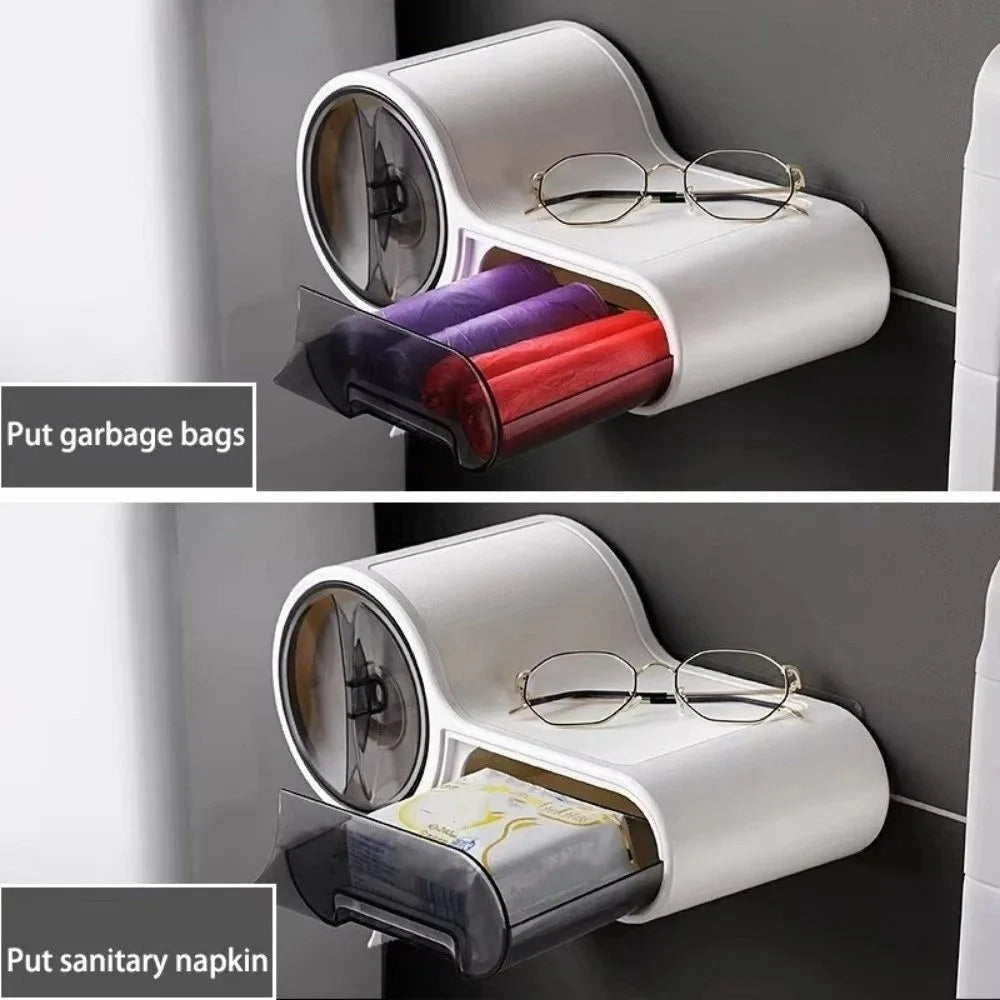 porte rouleau papier toilette multifonctionnel rangement sac poubelle serviettes hygiéniques blanc moderne adhésif salle