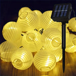 guirlande lumineuse solaire 30 led jaune lanternes sphériques motif strié ambiance japonaise festiveextérieur