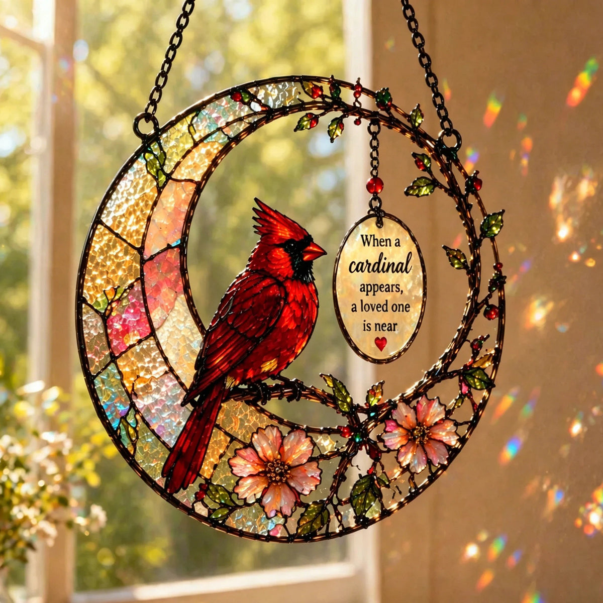 ornement oiseau cardinal verre mosaïque rouge jaune vert bleu fleurs feuilles soleil artisanal suspendu