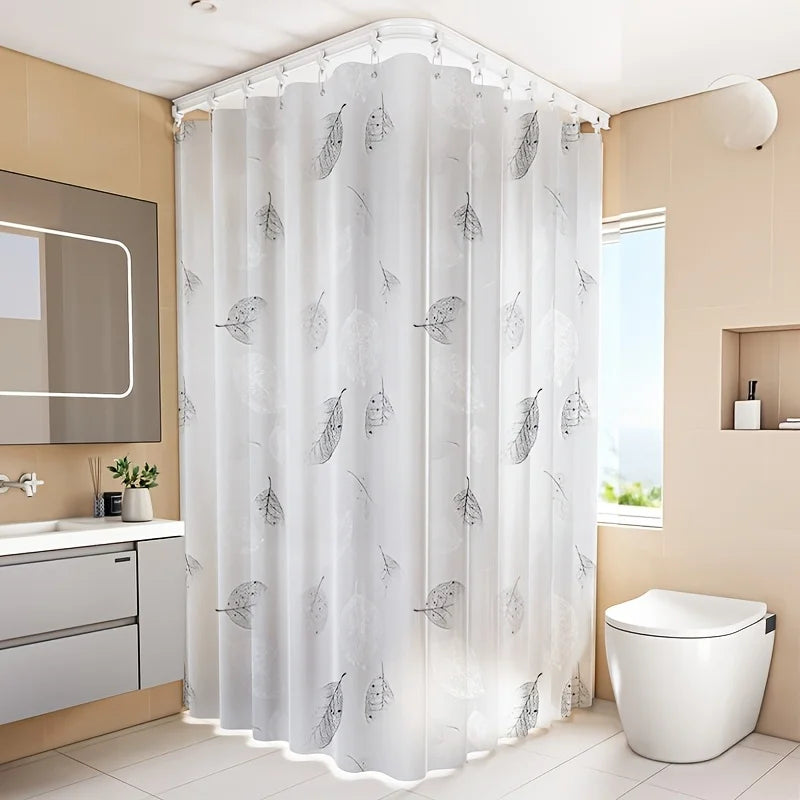 rideau douche moderne blanc gris motif feuilles noires semi transparent métalliques