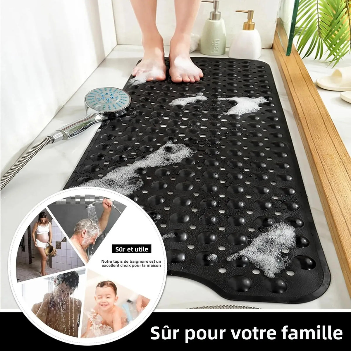 tapis bain antidérapant noir texturé surface ventouses 40x101cm moderne salle bain