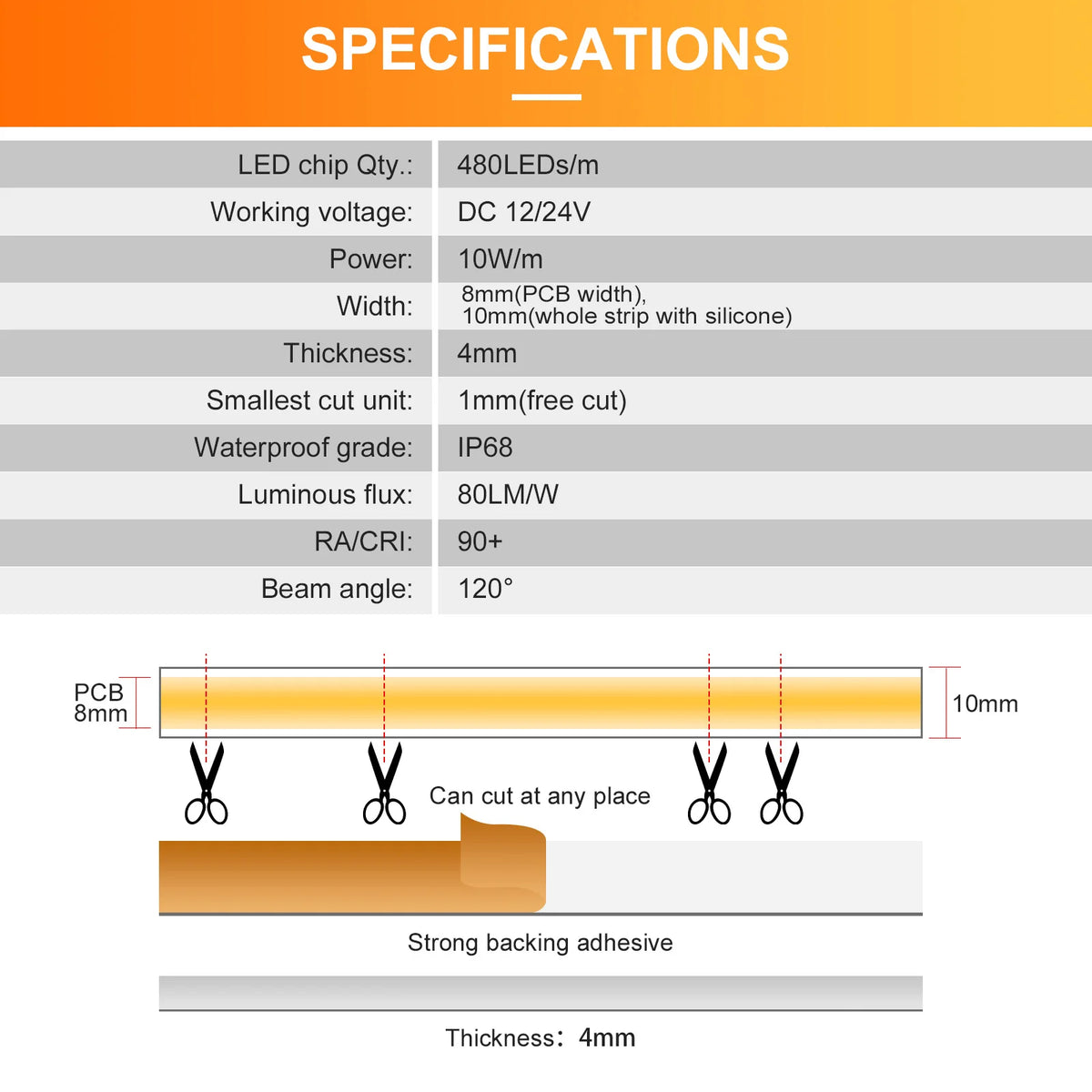 Ruban led cob blanc 3000k 4000k 6000k ip68 étanche 12v 24v adhésif lisse moderne
