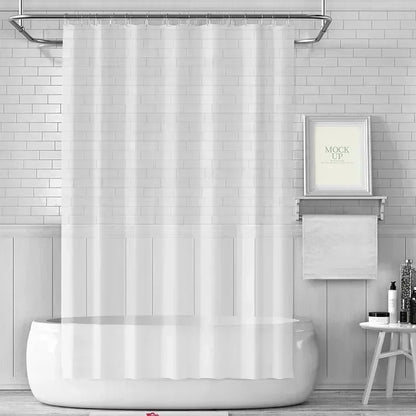 Image présentant un rideau de douche blanc accroché à une tringle à rideaux contemporaine, installé dans une salle de bain au design intérieur moderne. Le rideau, en tissu imperméable, est partiellement ouvert pour révéler une baignoire en céramique blanche et un robinet en acier inoxydable. Ces éléments de plomberie et de design intérieur sont harmonieusement intégrés pour créer un espace de bain élégant et fonctionnel.