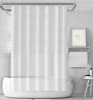 Image présentant un rideau de douche blanc accroché à une tringle à rideaux contemporaine, installé dans une salle de bain au design intérieur moderne. Le rideau, en tissu imperméable, est partiellement ouvert pour révéler une baignoire en céramique blanche et un robinet en acier inoxydable. Ces éléments de plomberie et de design intérieur sont harmonieusement intégrés pour créer un espace de bain élégant et fonctionnel.