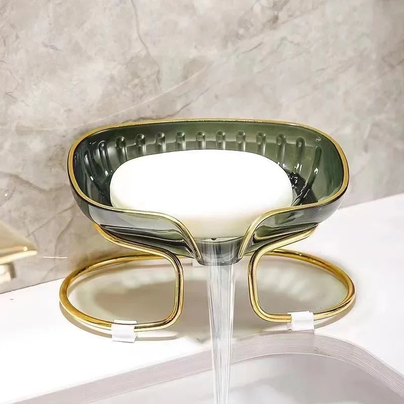 support savon moderne élégant vert doré rayures verticales clips salle bains organisateur éponge