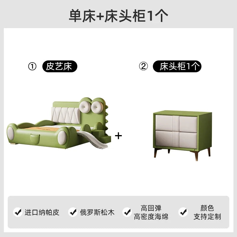 lit enfant vert clair simili cuir crocodile contemporain table chevet tapis jouets bois chambre