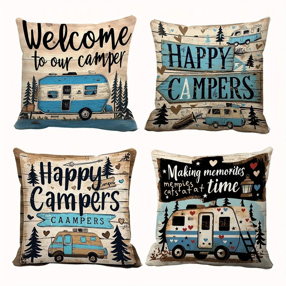 housses d'oreiller motif camper vintage bleu beige noir sapins coeurs polyester 45x45cm chambre maison