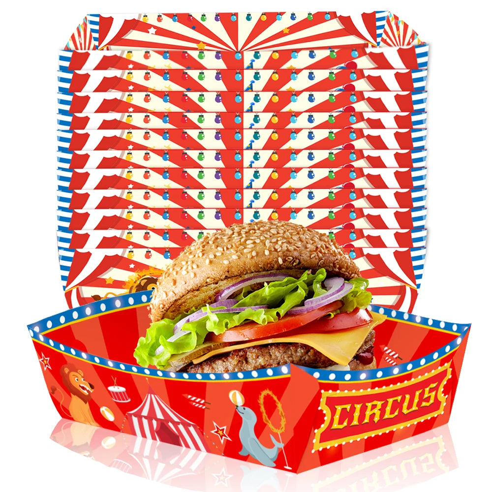 plateaux repas fête anniversaire enfants boîtes papier rouge blanc bleu vert jaune motifs cirque