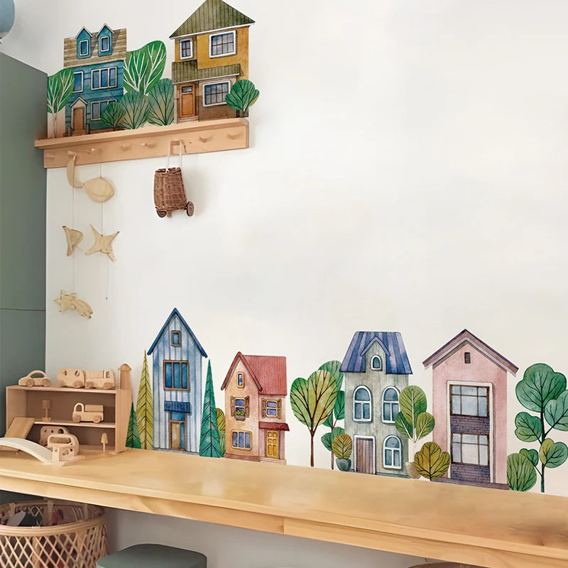 sticker mural illustration enfantine maison colorée fenêtre porte arbre chambre enfants