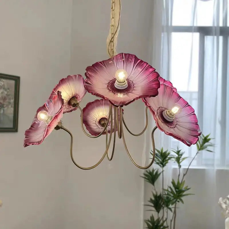 lampe suspendue moderne or rose ampoules led fleurs stylisées élégante vitrail translucide interrupteur tactile
