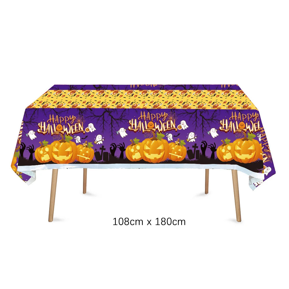 vaisselle jetable halloween assiettes gobelets pailles serviettes nappe citrouilles fantômes araignées violet orange