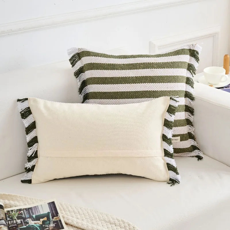 housse coussin carré rayé moderne vert olive blanc polyester 45x45cm décoration intérieure voiture