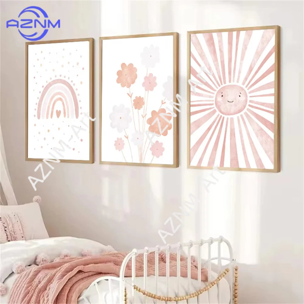 lot affiches murales cadre bois doré fleurs arc ciel soleil chambre enfant fille rose