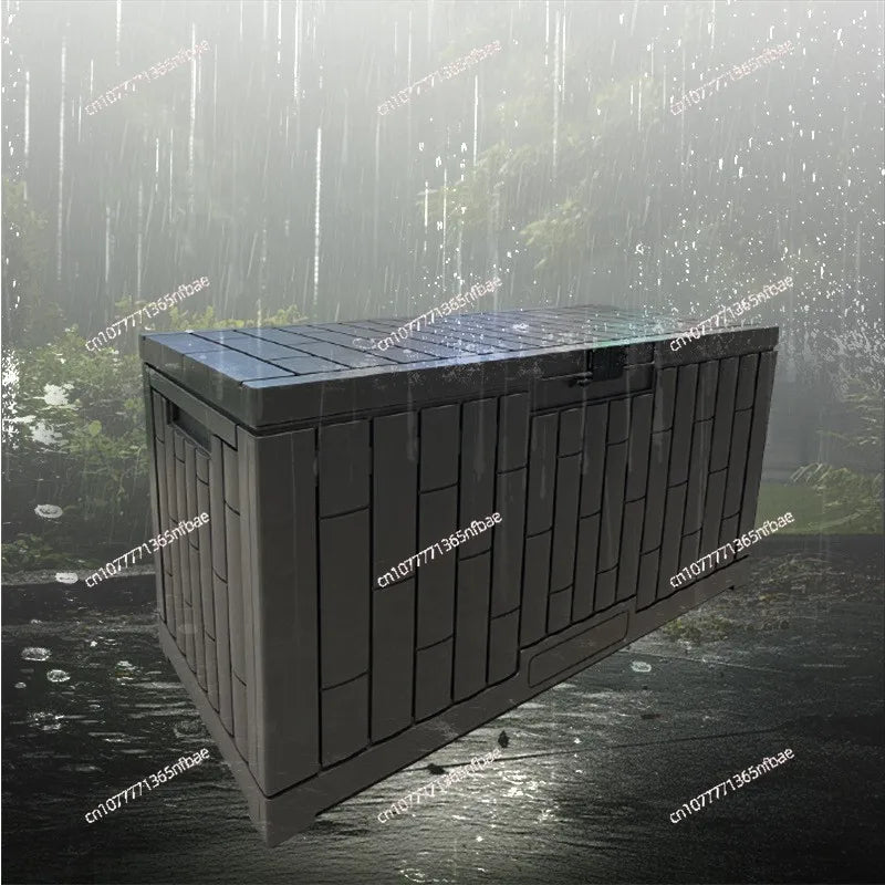 coffre rangement extérieur étanche gris panneaux horizontaux moderne charnières serrure résistant intempéries patio jardin