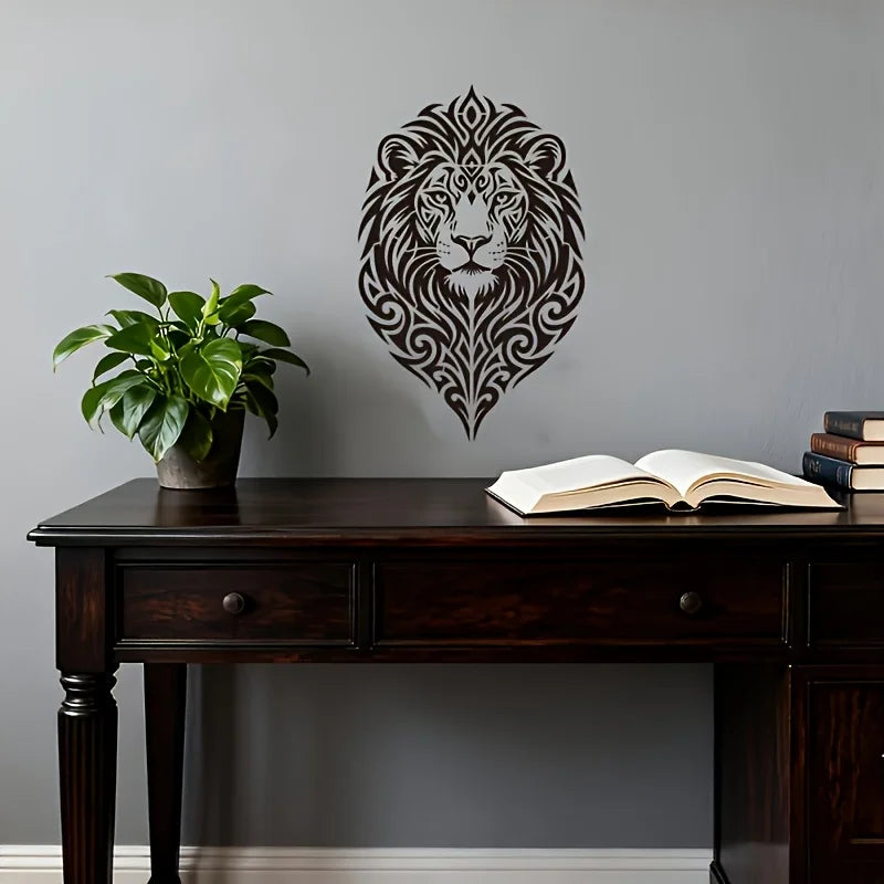pochoir stencil lion stylisé motifs floraux blanc brun artisanal adhésif peinture bois décoration intérieure