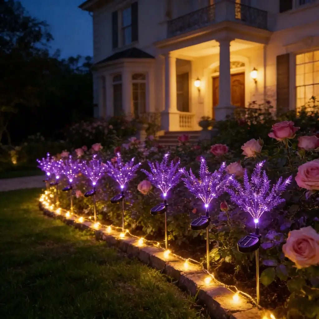 décoration jardin plante artificielle lumineuse violet feuilles fines moderne LED solaireextérieur balcon fête mères