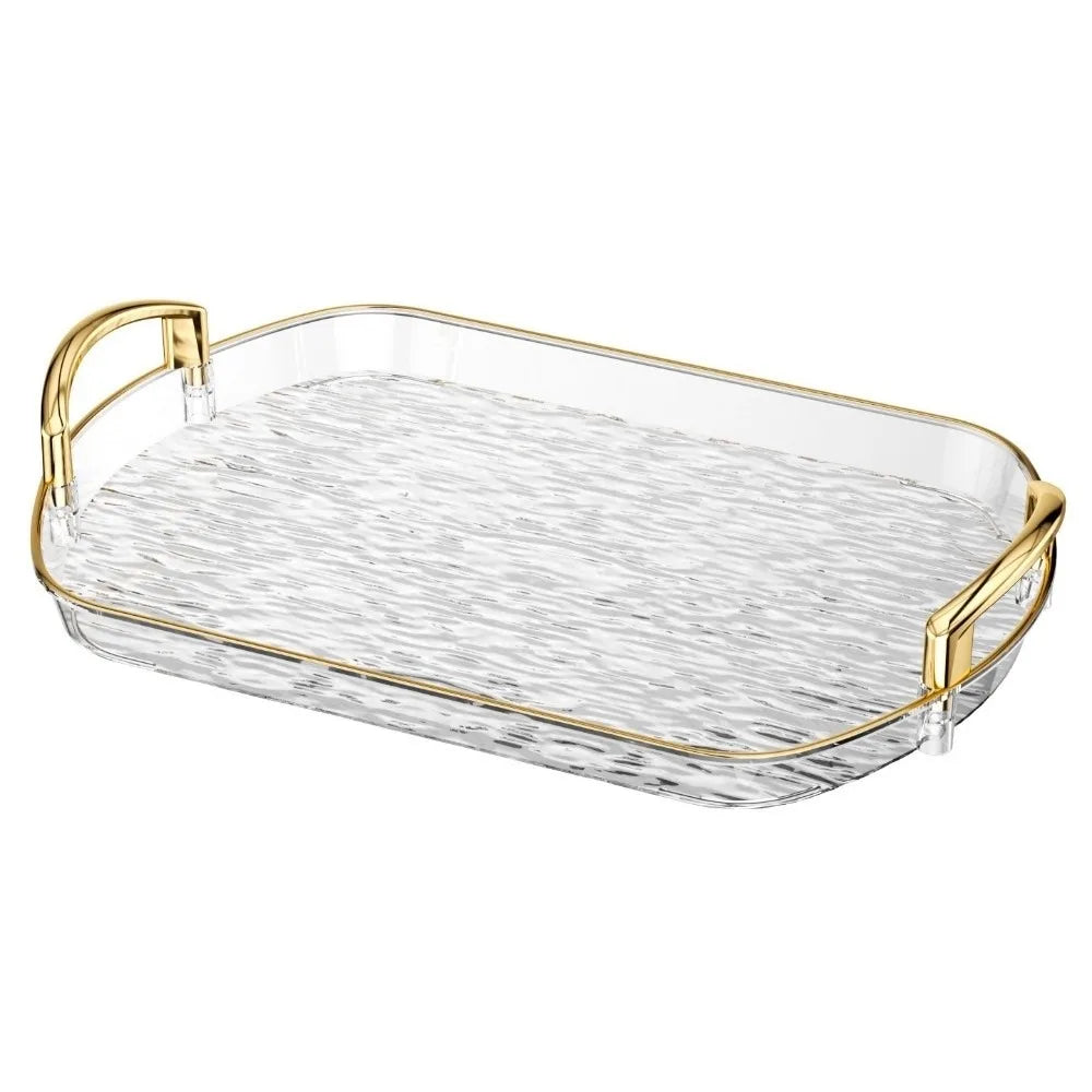 plateau rectangulaire moderne élégant poignées métalliques transparent doré texture marbrée bijoux parfums tasses