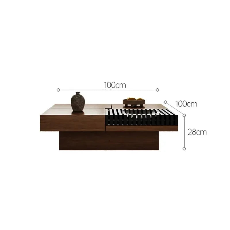 table basse bois carrée moderne tiroirs motifs horizontaux salon minimaliste