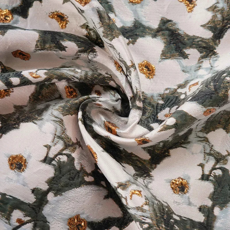 tissu polyester blanc gris doré fleurs jacquard opaque printemps automne décoration couture respectueux environnement