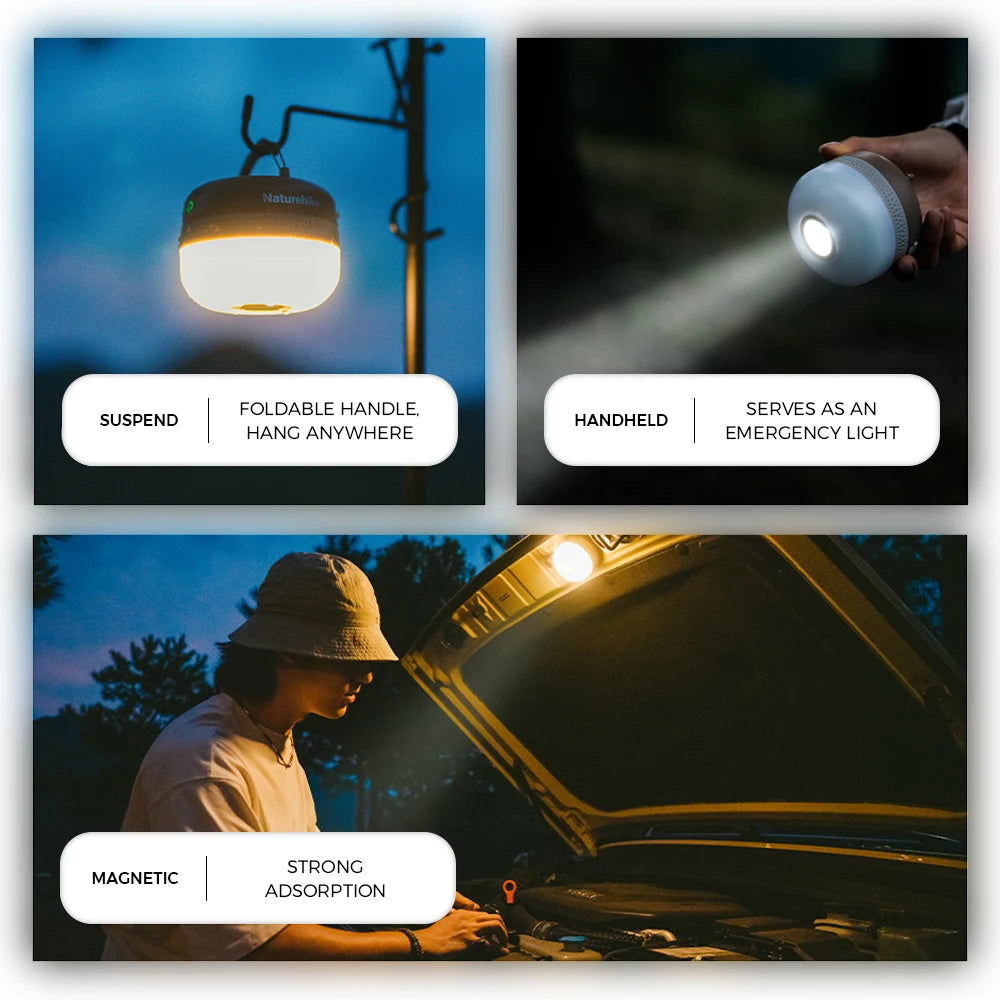 lampe camping moderne compacte pince suspension beige blanche points décoratifs texturée ip44 six modes