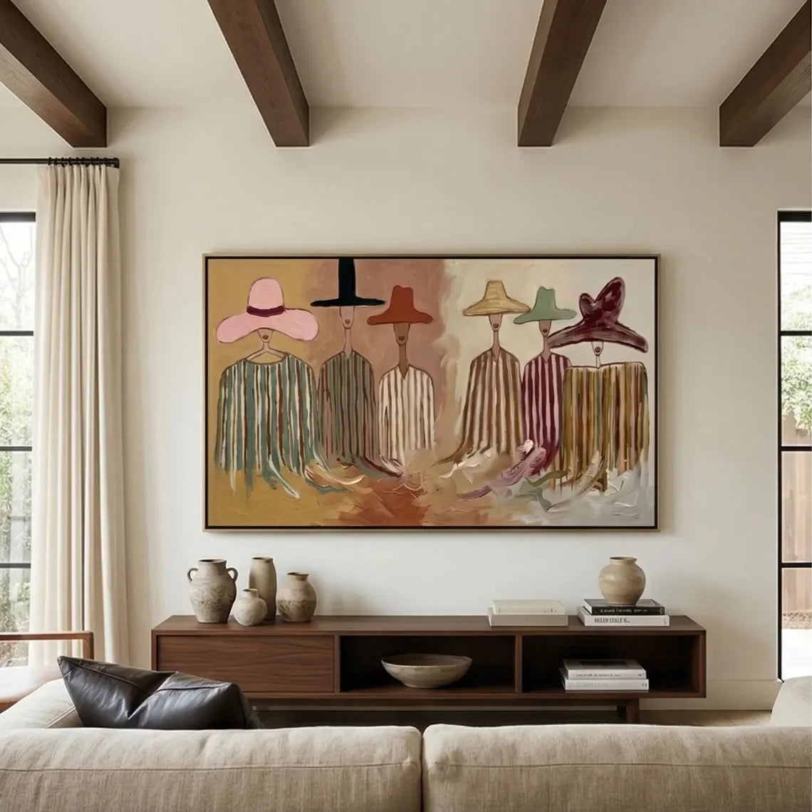tableau abstrait multicolore contemporain rose noir marron livre vase fleur lampe ornement plante murale