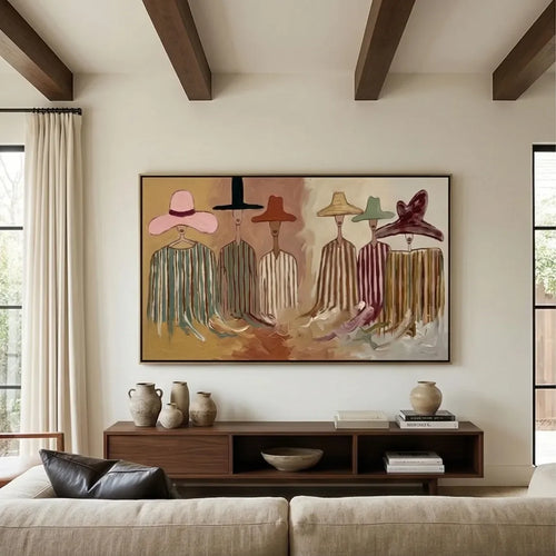 tableau abstrait multicolore contemporain rose noir marron livre vase fleur lampe ornement plante murale