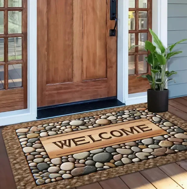 tapis d'entrée moderne marron beige texture pierre lettrage welcome résistant rides