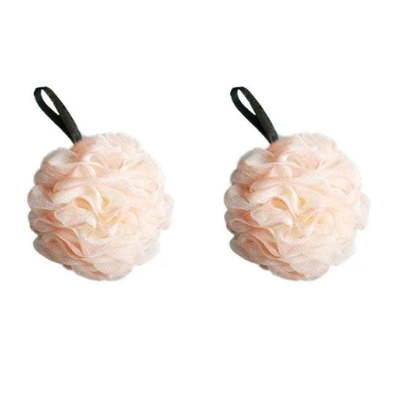 boule bain éponge nettoyage douce maille fine fluffy moderne rose clair vert anneaux noirs