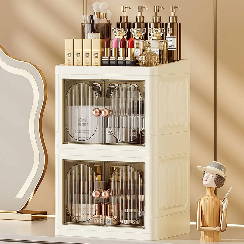 boîte rangement cosmétique tiroirs plastique moderne beige clair panneaux verticaux transparents organisation salon chambre