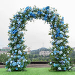 arche fleurie bleue romantique mariage anniversaire baby shower décoration intérieure soie hortensias roses feuillage
