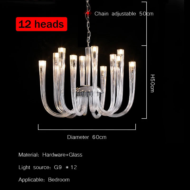 lustre transparent tubulaire contemporain verre strié g9 chambre salon élégant suspension adjustable