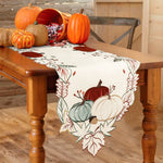 chemin table automne citrouilles feuilles baies blanc rouge vert beige festive polyester