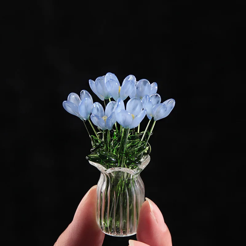 petit bouquet fleurs lotus verre artisanal décoration maison moderne multicolore vase transparent décoratif