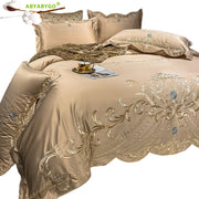 Parure de lit en satin coton brodée dorée style européen luxe - Ombre Interieur