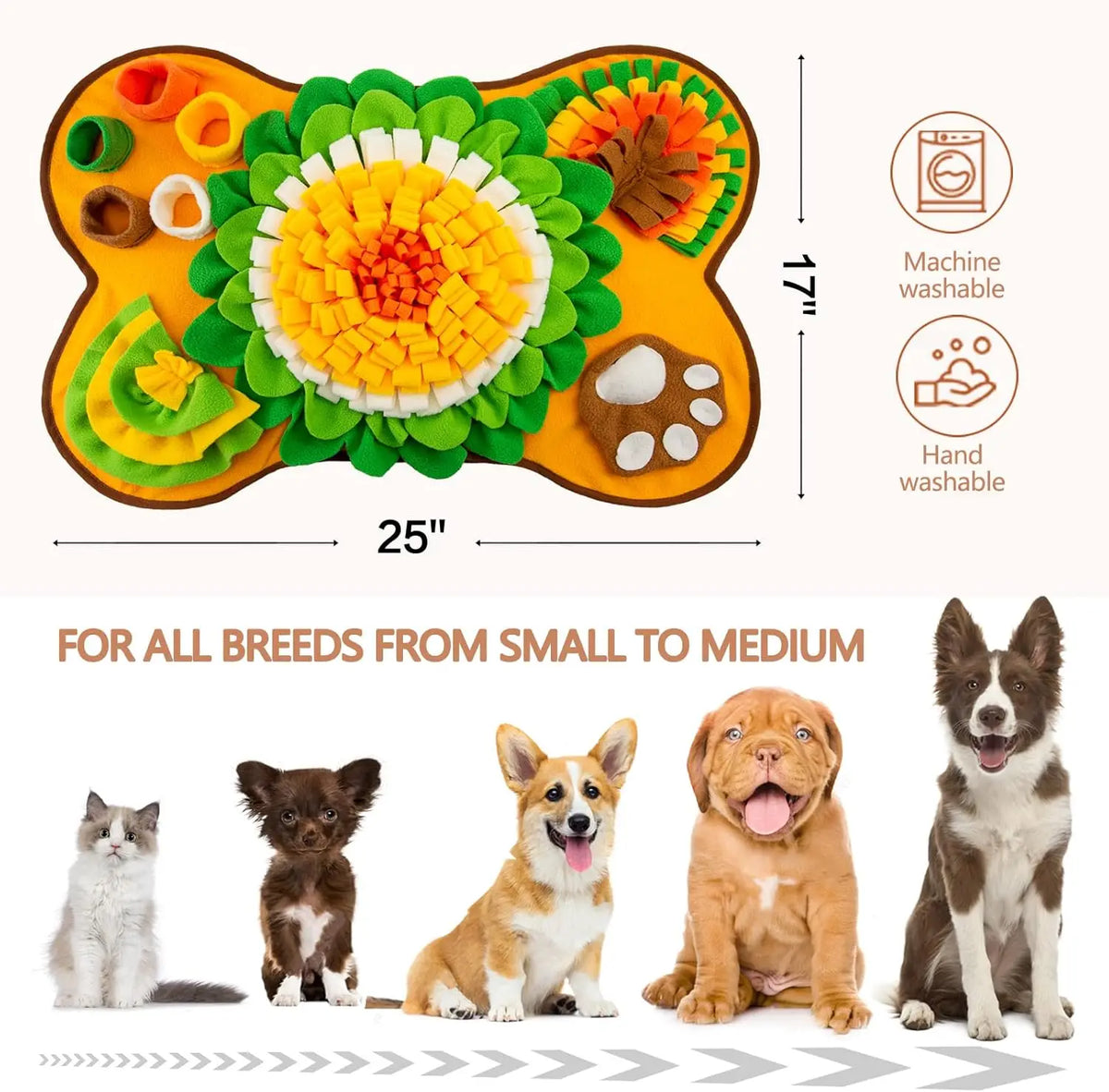 jouet interactif chien fleurs motifs géométriques orange vert blanc marron clair non slip