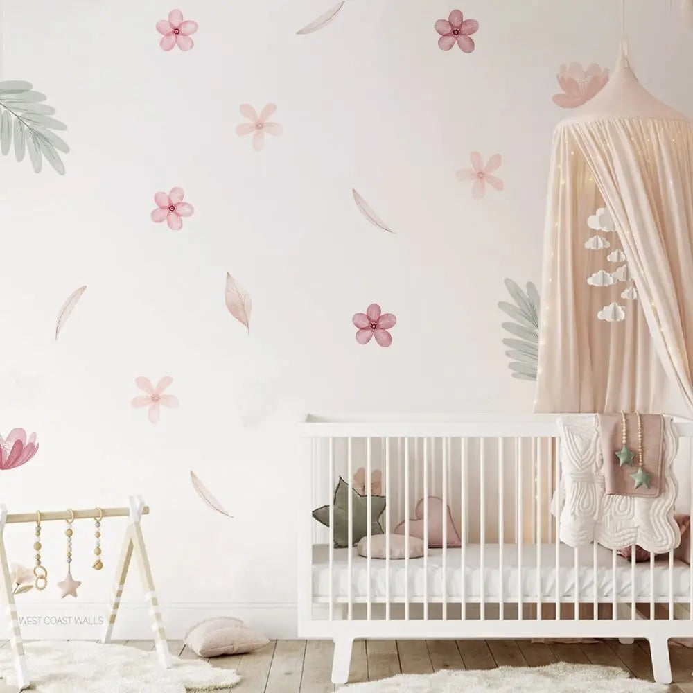 stickers muraux fleurs simples moderne minimaliste rose beige vert blanc adhésif