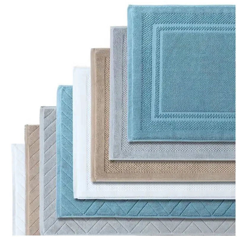 tapis bain coton moderne rayures diagonales bleu clair gris beige blanc absorbant respectueux environnement