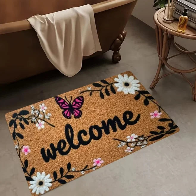 tapis d'entrée rose fleurs papillons moderne résistant décoloration antibactéries antidérapantintérieur extérieur