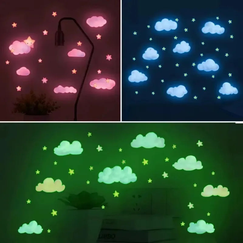 sticker mural nuages étoiles phosphorescent rose bleu vert adhésif chambre enfant moderne