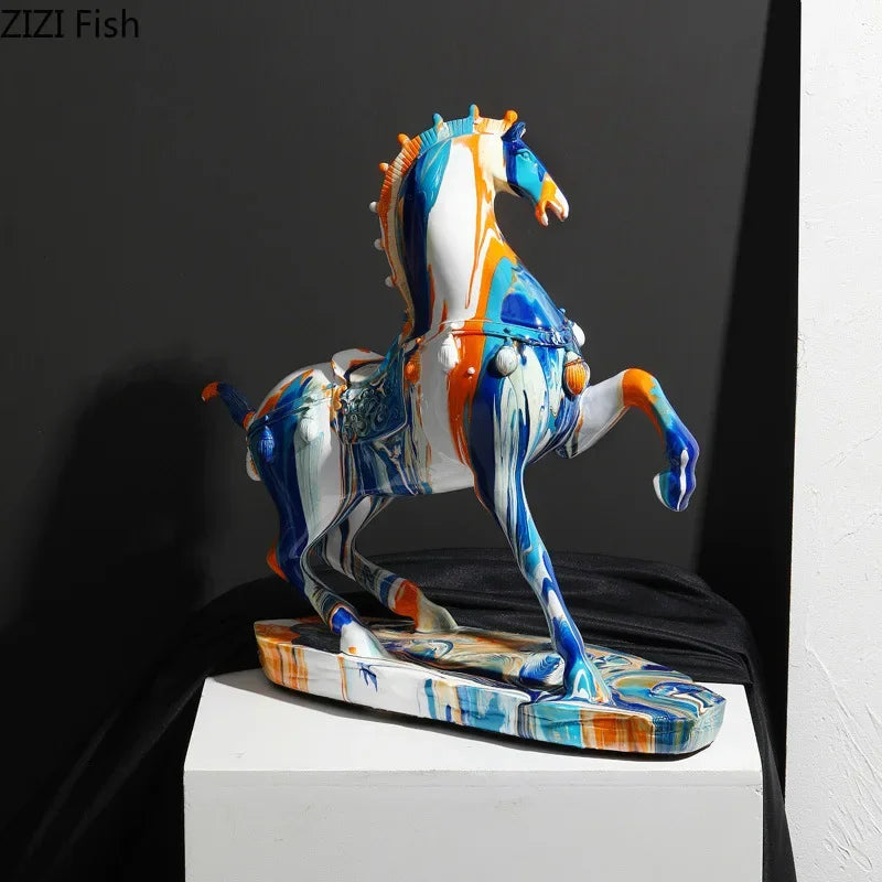 statue moderne cheval résine bleu orange marbrée opaque décoration intérieur salon bleu orange modernes