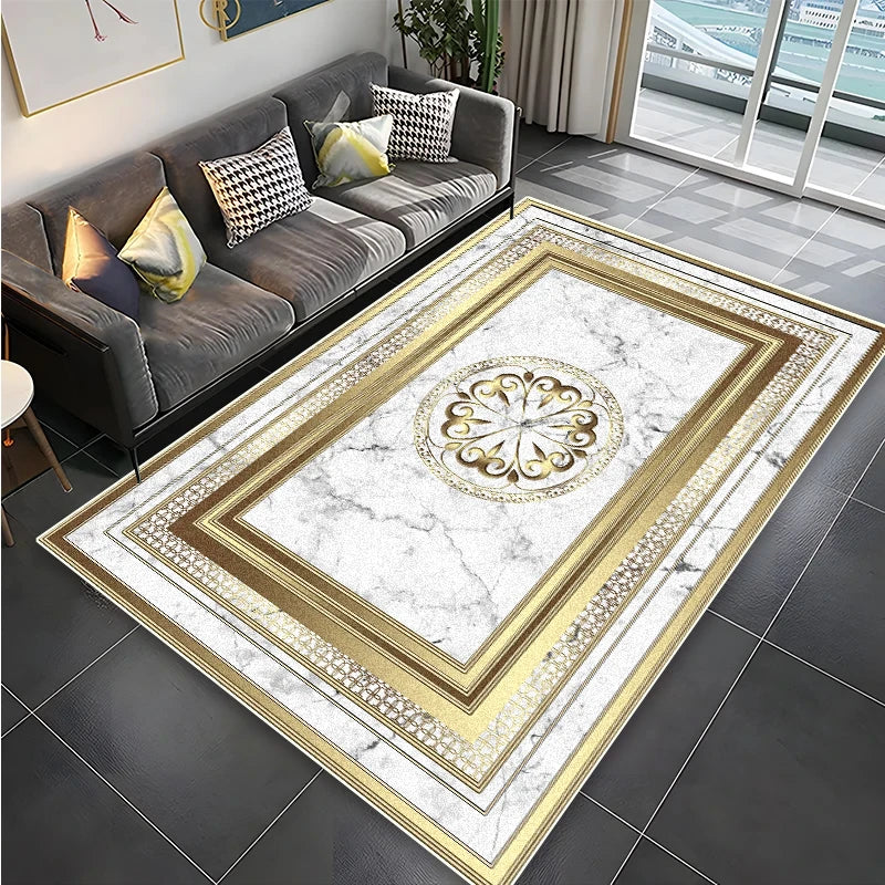 Un élégant tapis décoratif en marbre orné de motifs dorés, encadré dans un design sophistiqué, qui apporte une touche de luxe et d'élégance à l'espace.