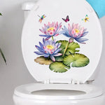 stickers decoratifs toilettes violet rose vert jaune fleurs lotus papillons peinture aquarelle salle bain