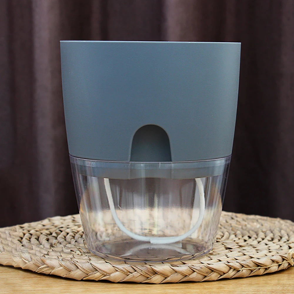 Pot plante auto arrosant gris moderne base transparente drainage fenêtre niveau eau inlet