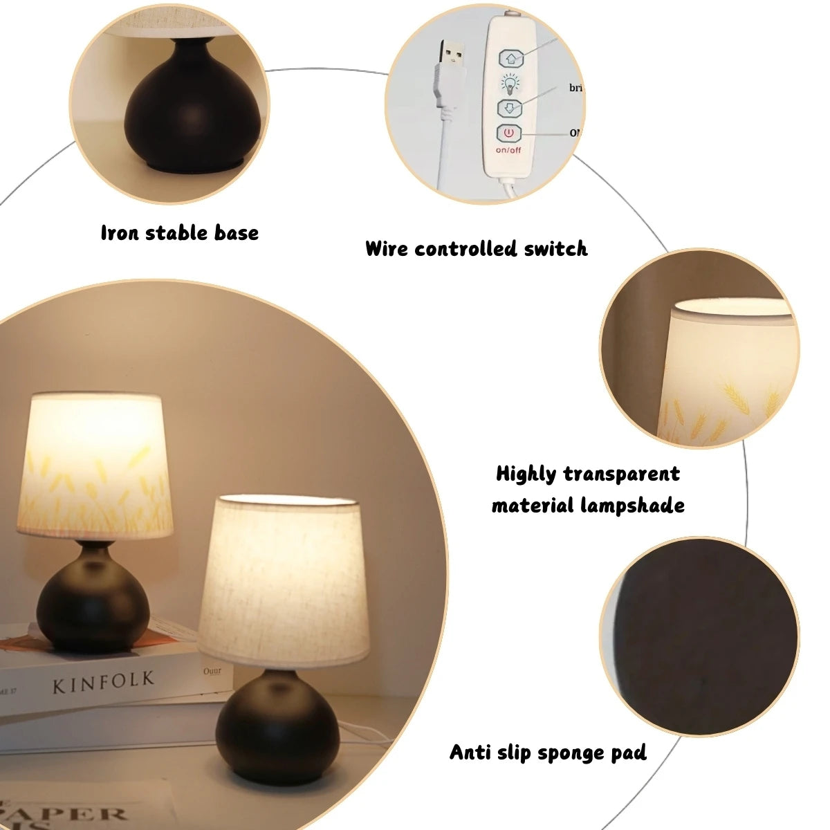 lampe chevet moderne abatjour beige motif herbe base marron stable usb rechargeable