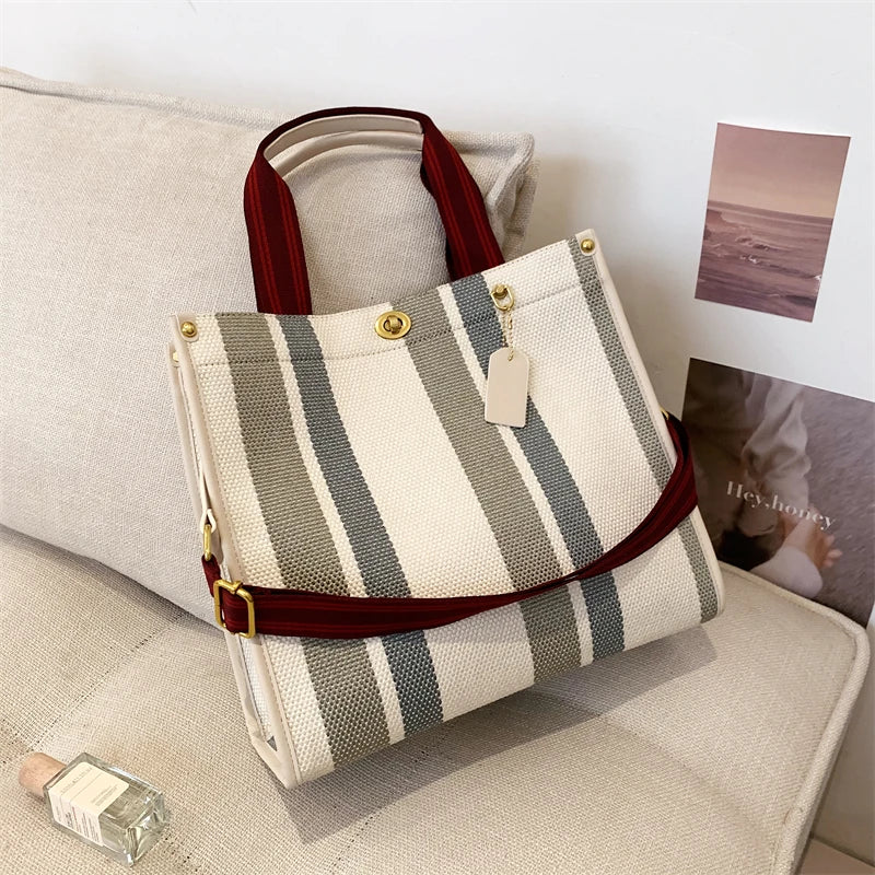 sac main femme toile polyvalent rayé poches intérieures appliques décontracté moderne casual