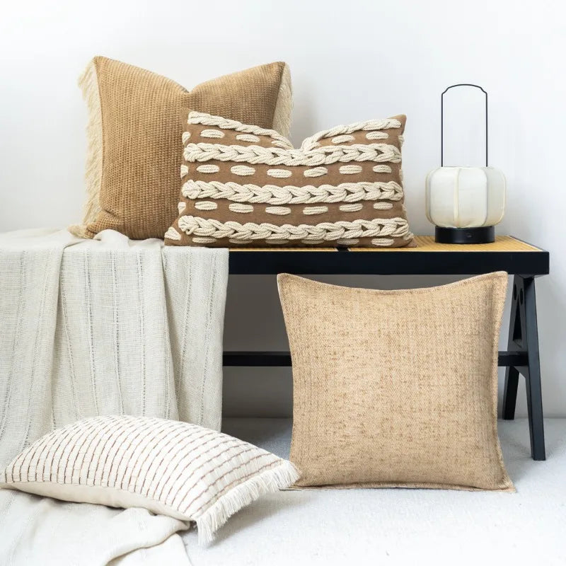 housses coussins tissage rustique franges beige opalescent nordique decor maison vehicule 45x45cm 30x50cm