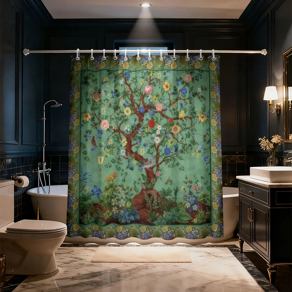 rideau douche arbor floral oiseaux couleurs vives opaques anneaux salle bain